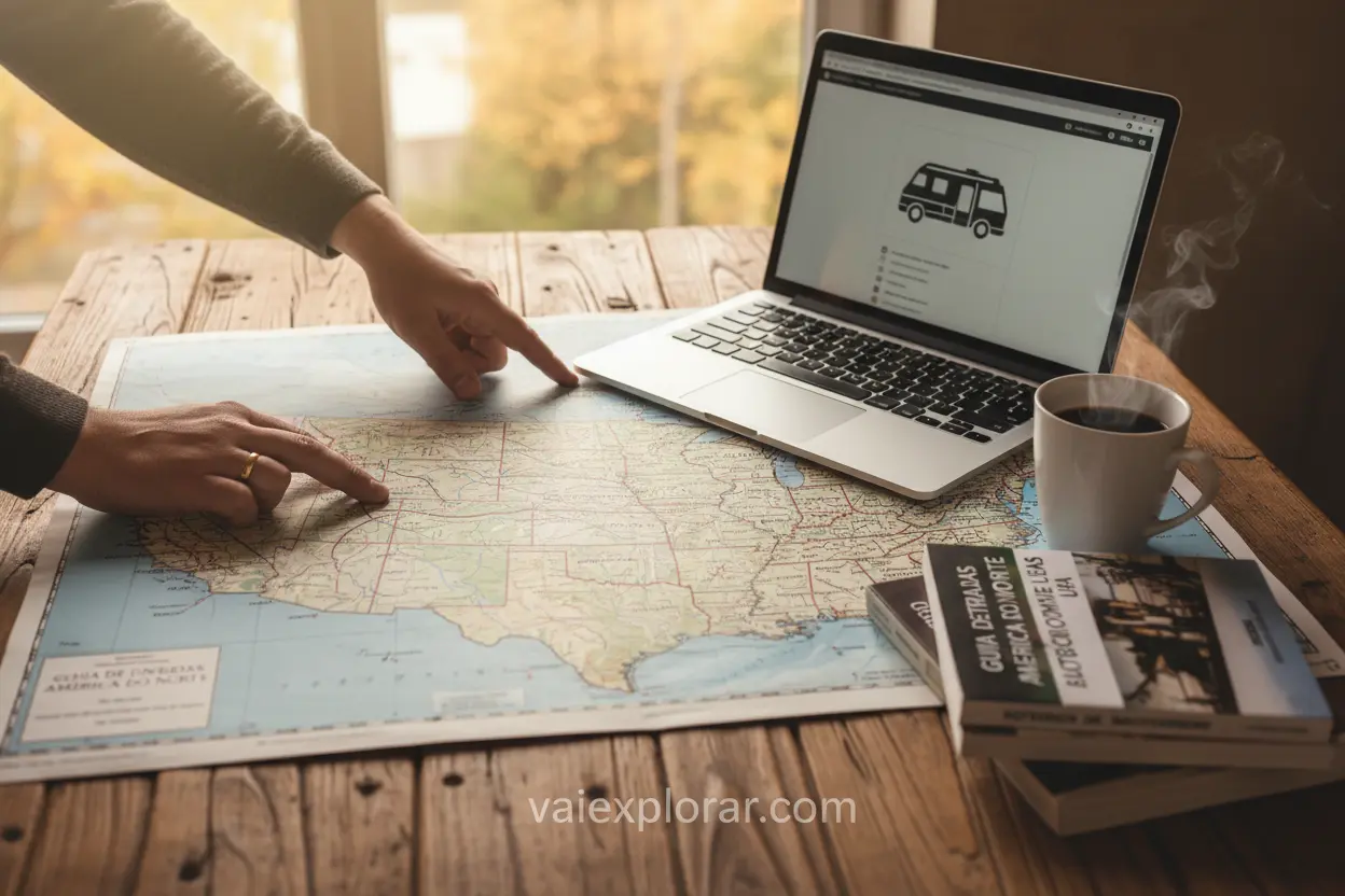 Planejamento de Viagem Motorhome Mãos sobre mapa dos EUA planejando viagem de motorhome