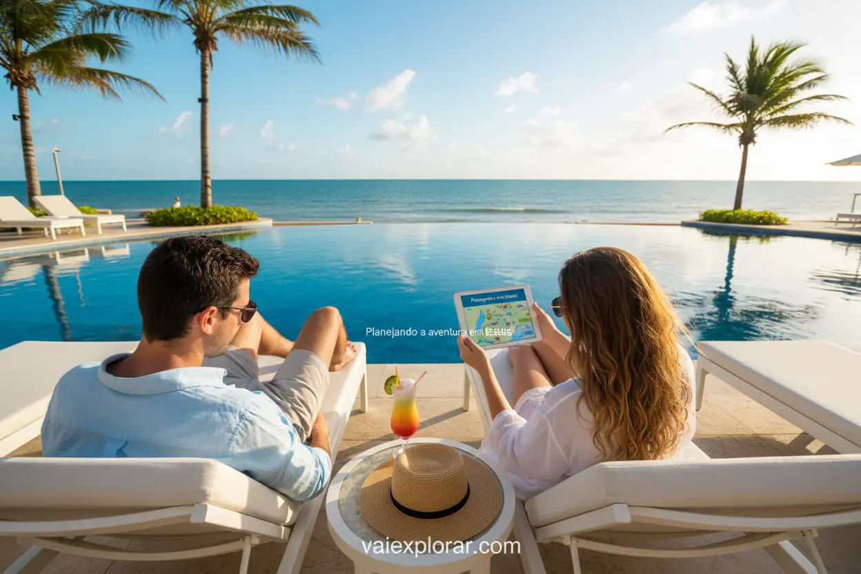 Planejando seu All Inclusive Casal planejando pacotes all inclusive Nordeste em resort de luxo