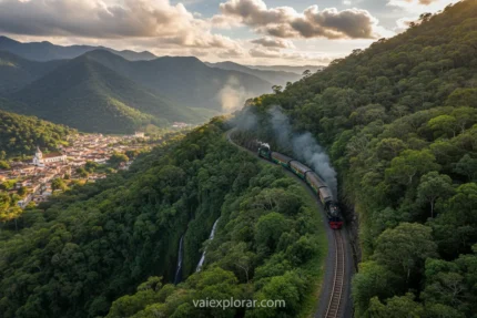 Trem turístico atravessando a Serra do Mar entre Curitiba e Morretes