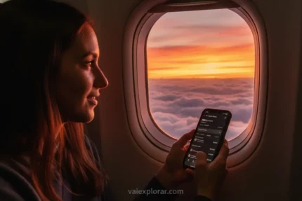Passagens aereas baratas madrugada: viajante no avião ao amanhecer.