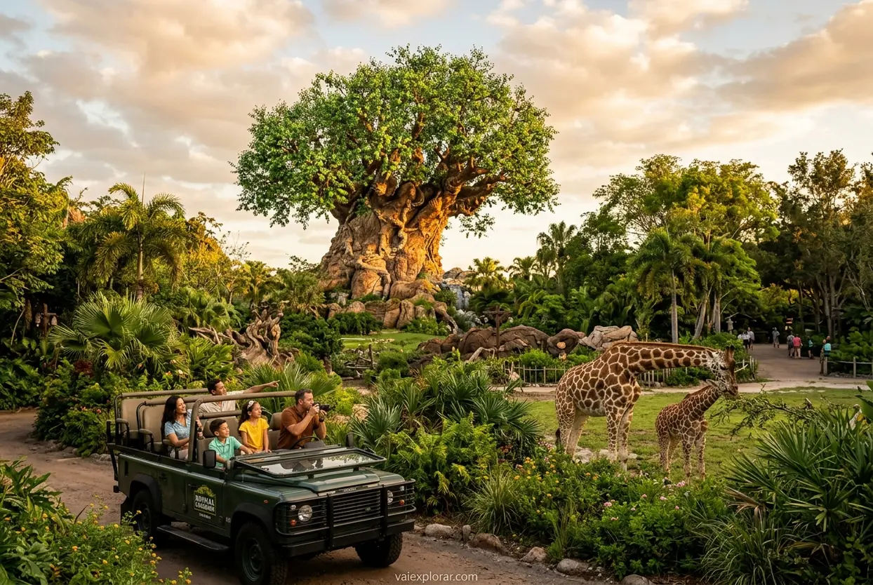 Safari com girafas e a Árvore da Vida no Animal Kingdom.
