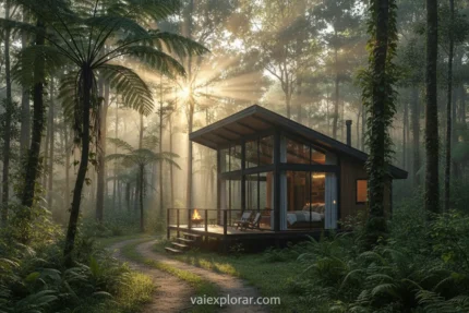 Cabana moderna em floresta exuberante ao amanhecer