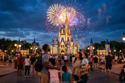 Castelo da Cinderela e fogos de artifício nos parques da Disney Orlando.