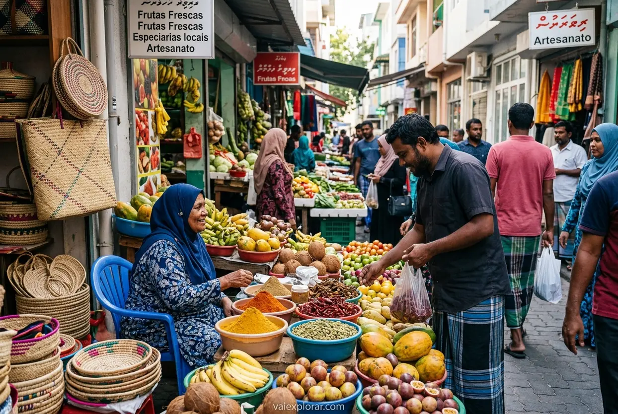 Mercado vibrante em Malé, Maldivas, com produtos locais