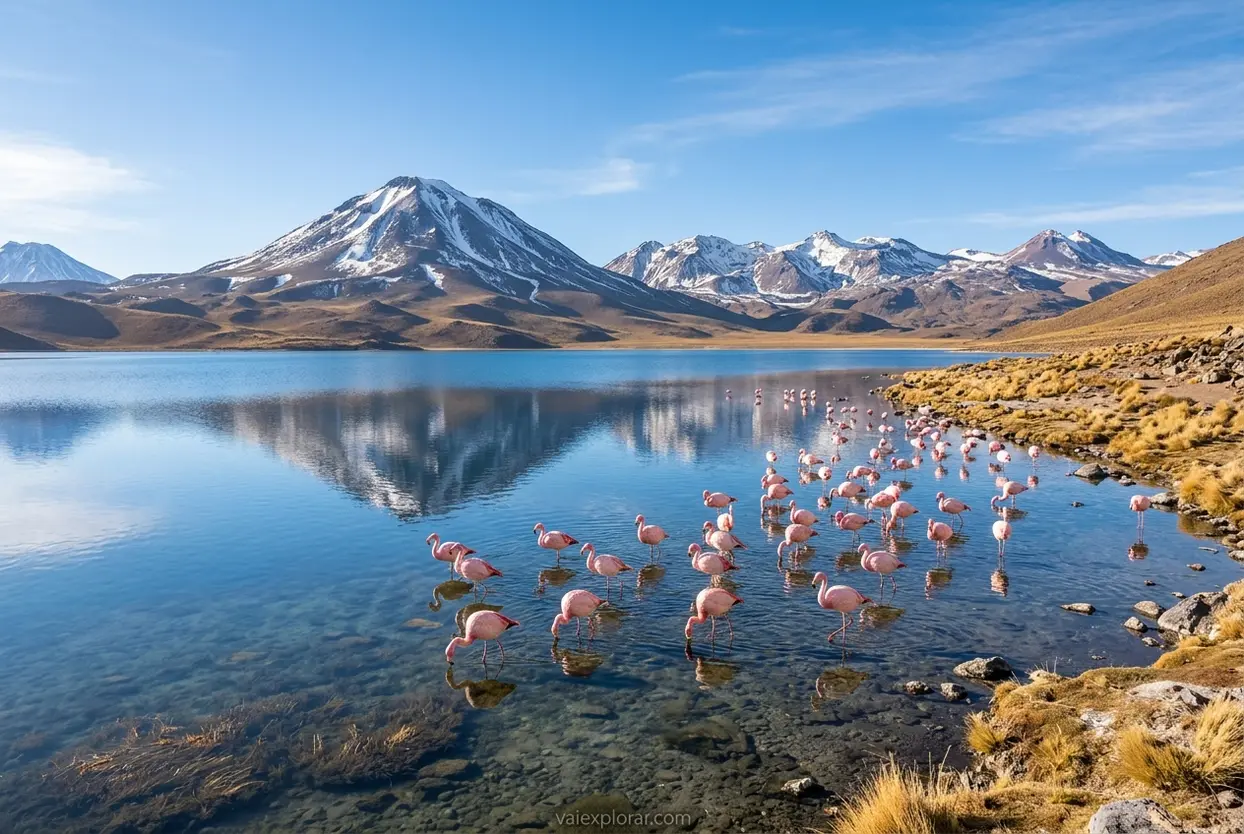 Lagunas Altiplânicas com flamingos no Atacama.