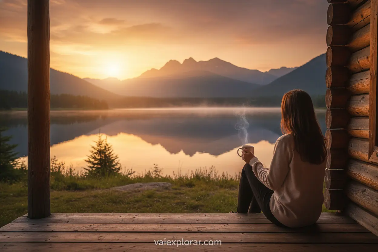 Pessoa relaxando em varanda de cabana com vista para montanhas e lago
