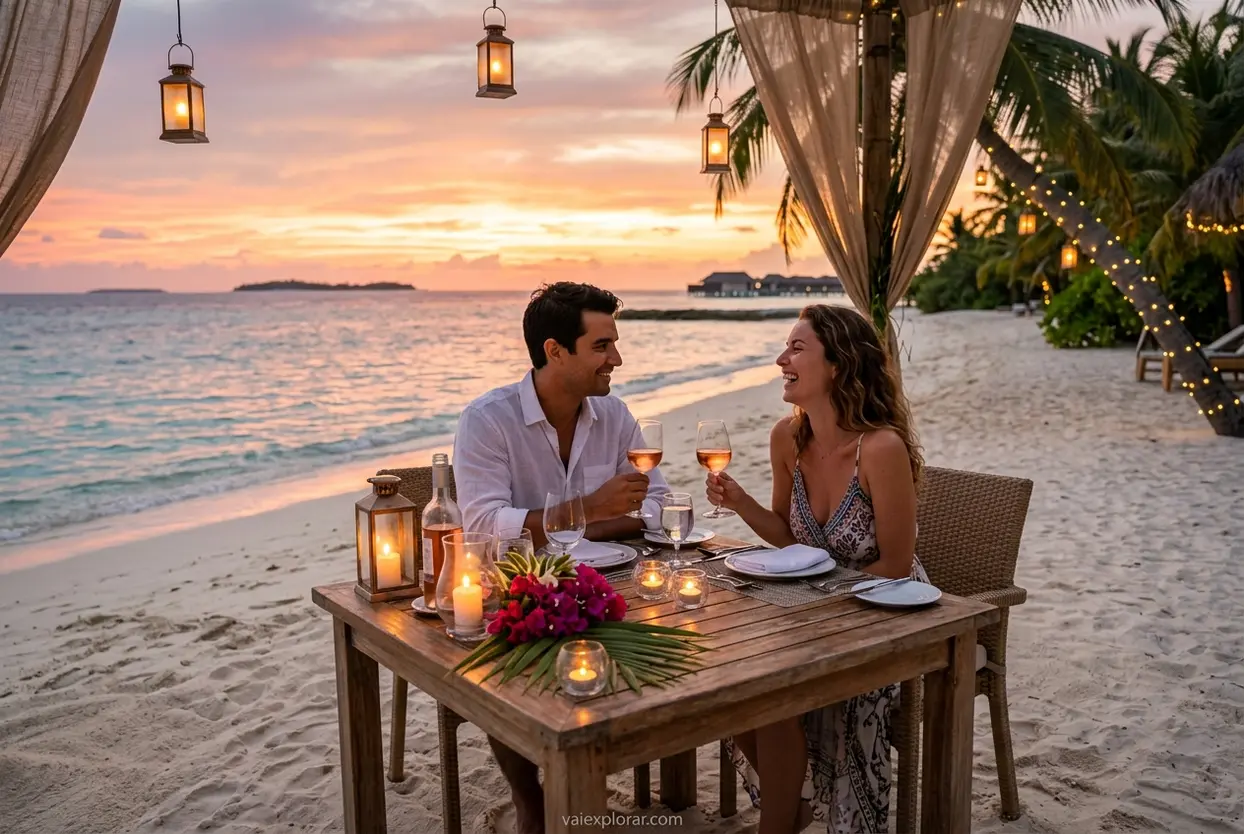 Casal em jantar romântico na praia das Maldivas