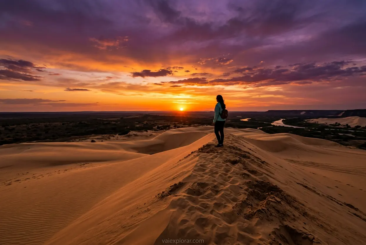 Pôr do sol dourado sobre as Dunas do Jalapão, com silhuetas de pessoas.