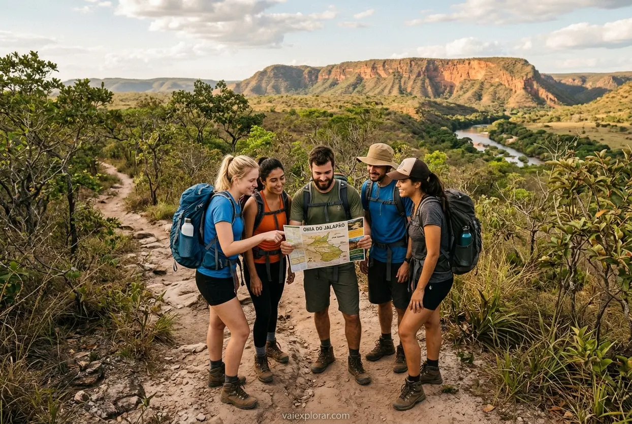 Amigos planejando um roteiro de viagem pelo Jalapão em uma trilha.