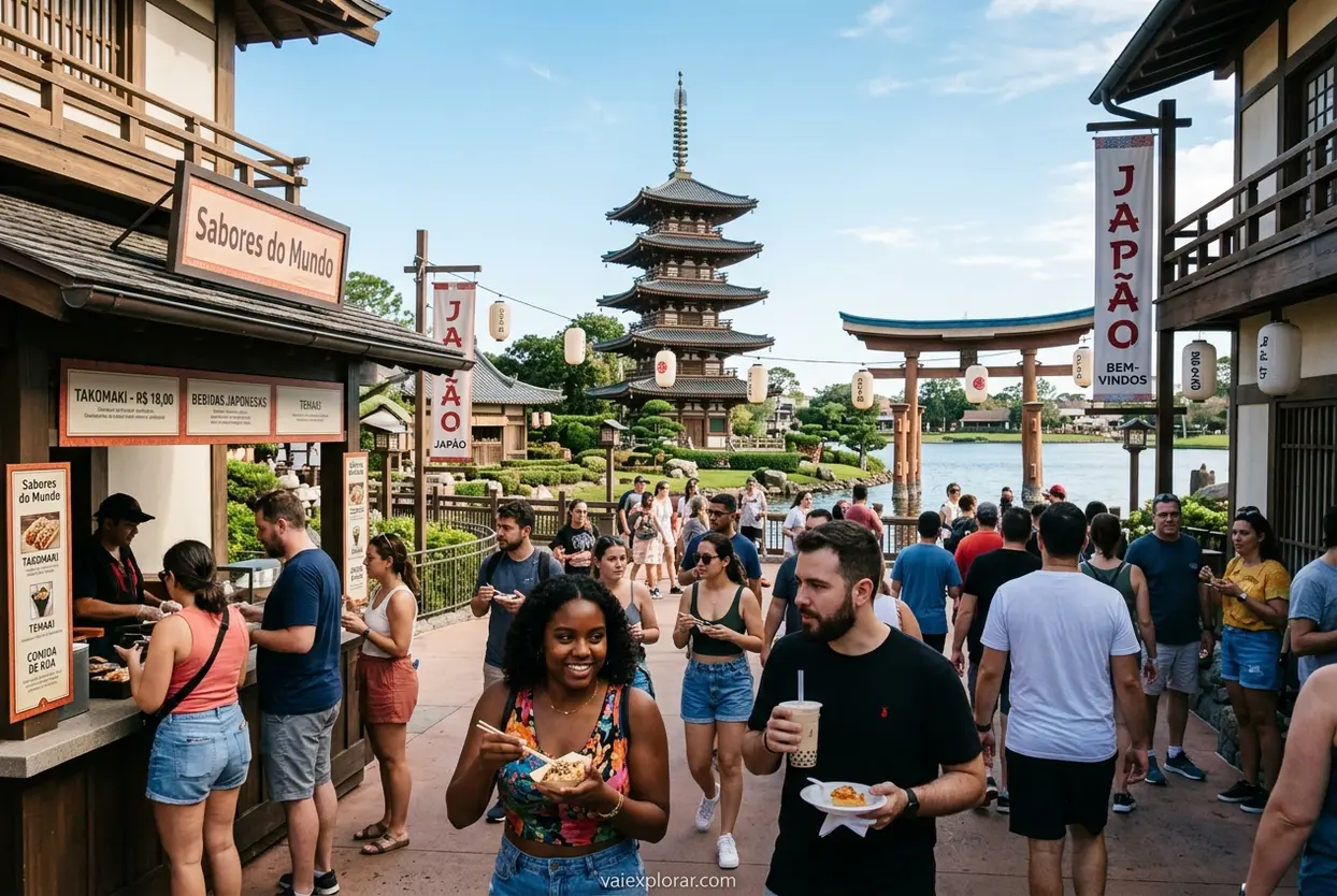 Pessoas experimentando comidas em Epcot World Showcase.