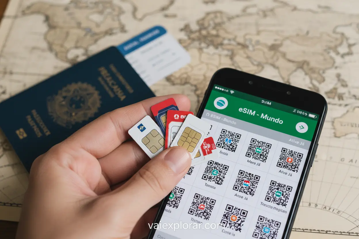 Mão segurando diferentes tipos de chips de internet para viagem