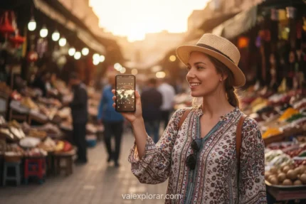 Viajante usando smartphone com chip de internet internacional em mercado marroquino