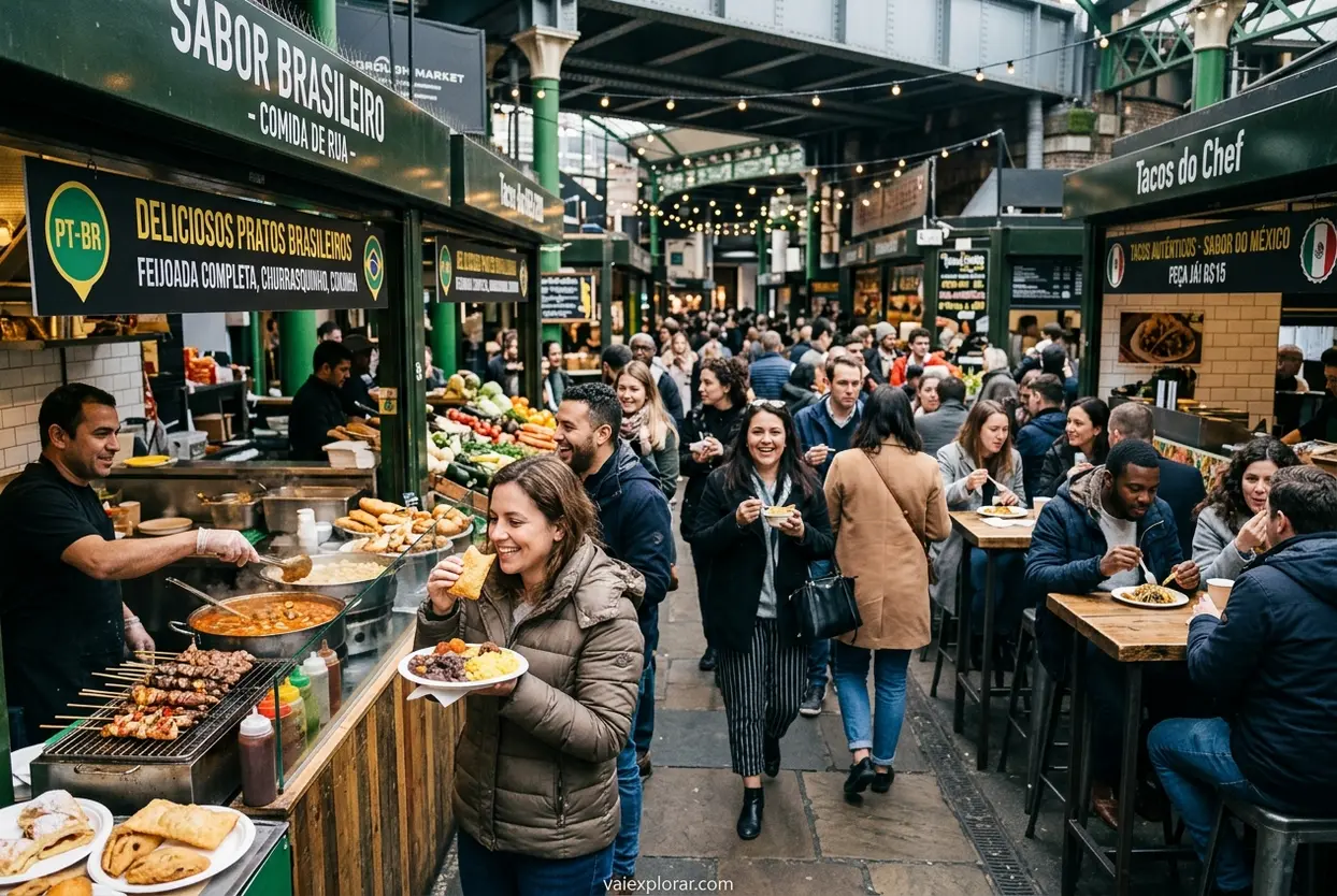 Mercado de rua em Londres com diversas comidas, uma forma de economizar na viagem.