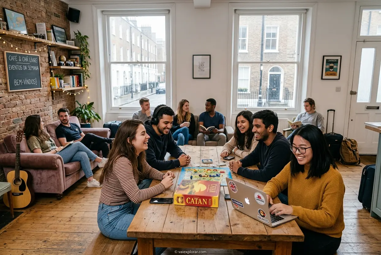 Jovens em hostel moderno, uma das opções de hospedagem barata em Londres.