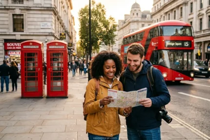 Casal feliz explorando Londres, com ônibus vermelho e cabine telefônica, representando viagem barata.