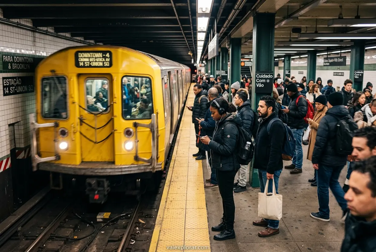 Pessoas esperando o metrô em uma estação de Nova York.