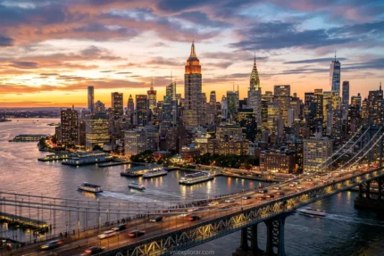 Horizonte de Nova York ao pôr do sol, com prédios icônicos.