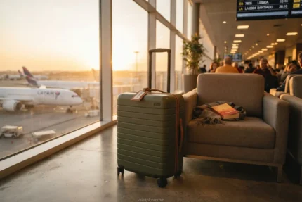 Uma mala de bordo com as medidas permitidas em um saguão de aeroporto.