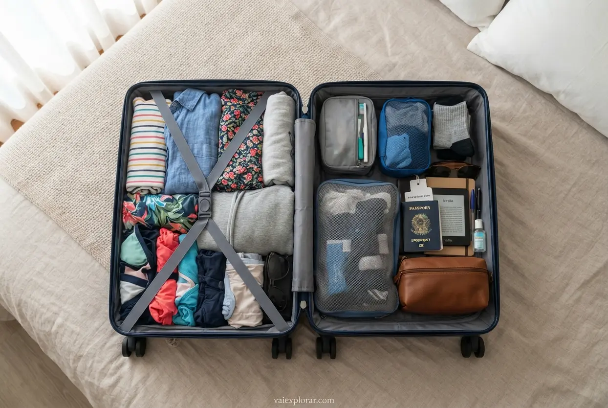 Mala de viagem organizada Mala de mão aberta e organizada de forma eficiente com roupas em rolinhos.
