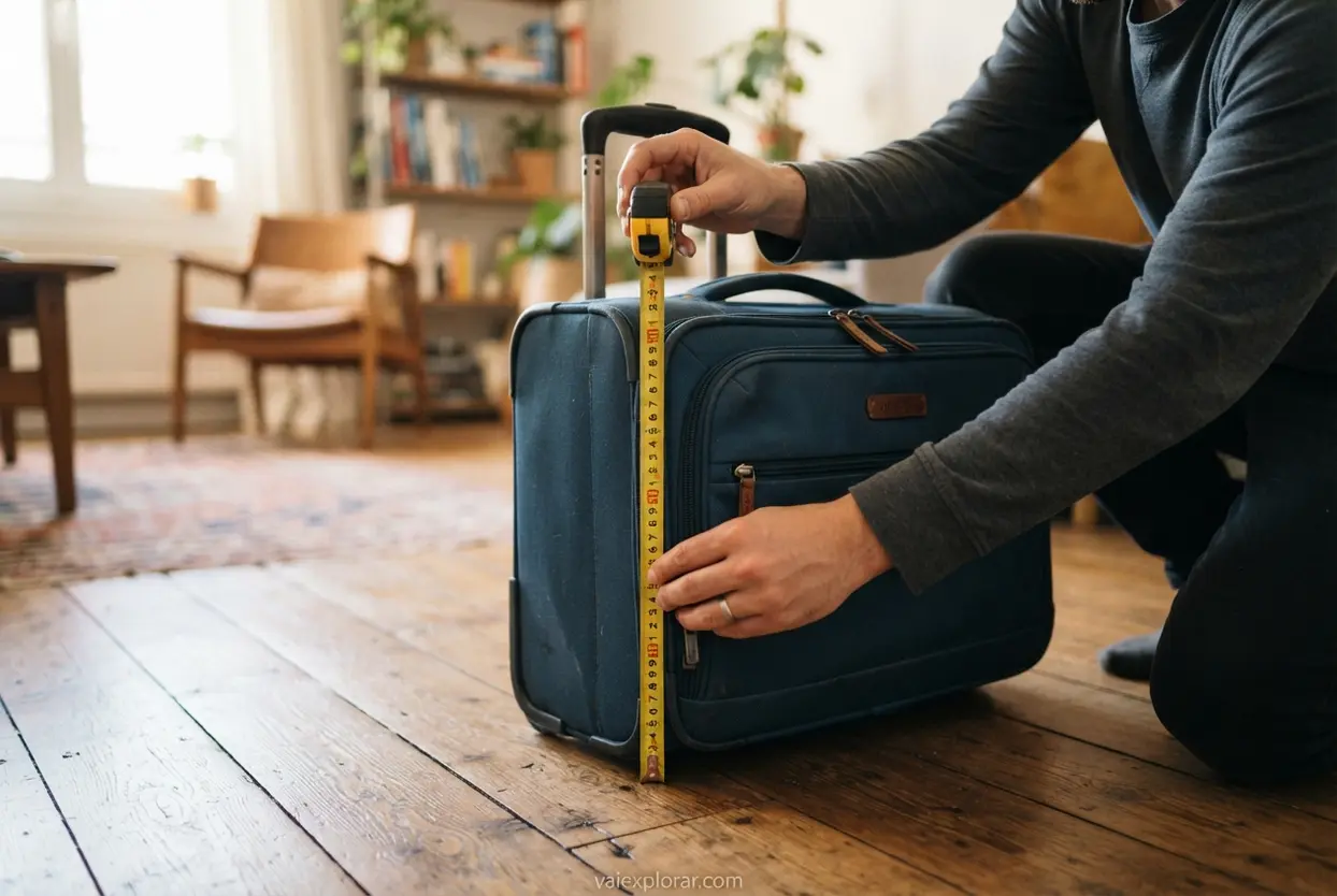 Medindo mala de mão em casa Pessoa medindo uma mala de bordo medidas permitidas antes de viajar.