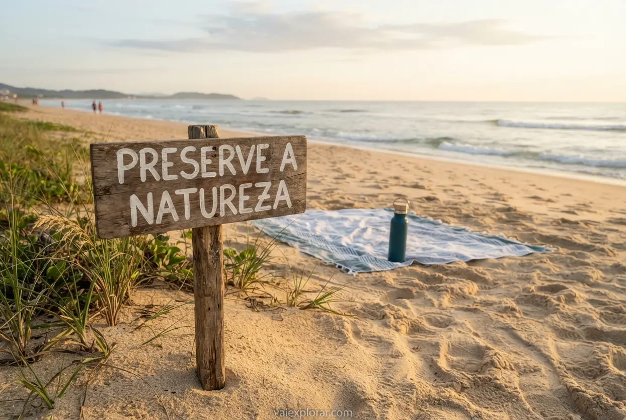 Placa de madeira incentivando a preservação da natureza em praia limpa.
