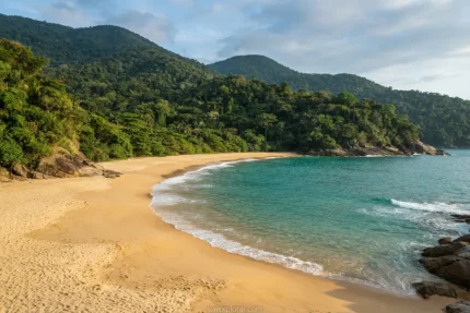 Vista panorâmica de uma das belas praias desertas em Ubatuba com mar calmo e vegetação verde.