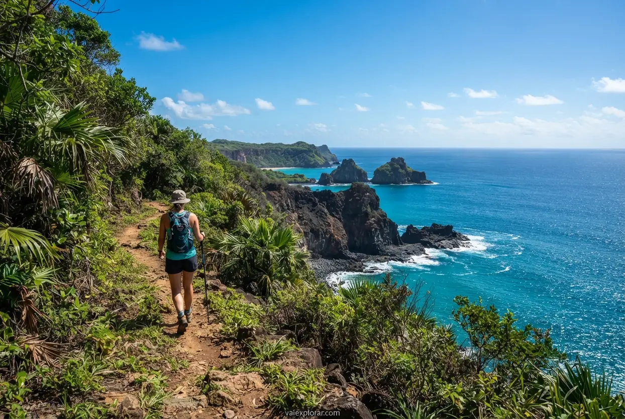 Trilha ecológica em Fernando de Noronha Pessoa caminhando em uma trilha ecológica cercada por vegetação e vista para o oceano.