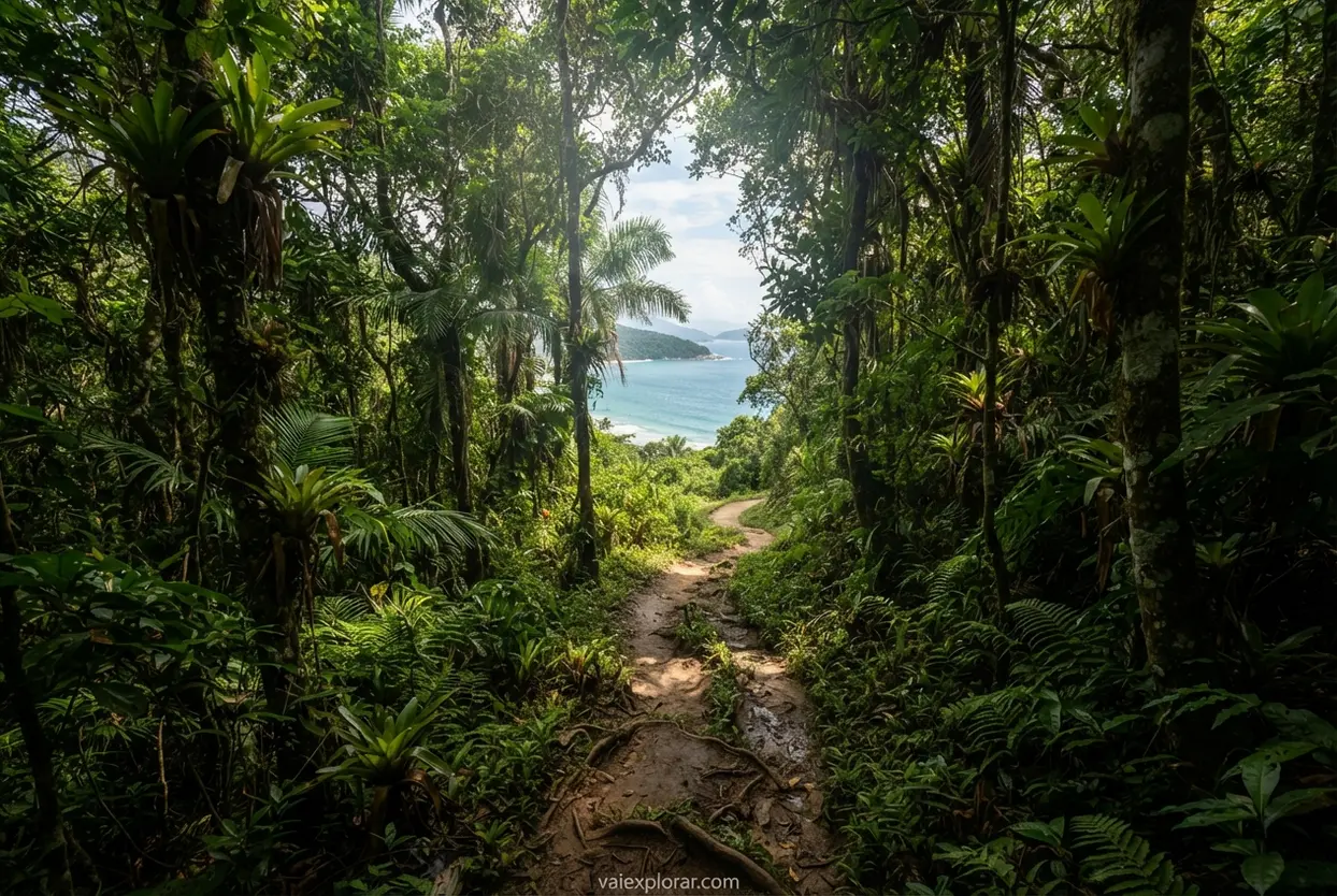 Trilha estreita em meio à floresta tropical fechada em direção ao mar.