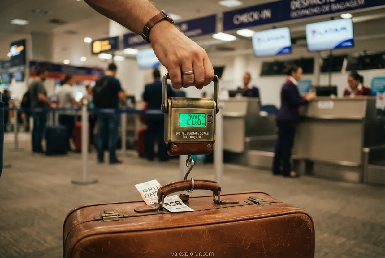 Balança de aeroporto com peso digital Close na balança de aeroporto mostrando o peso digital de uma mala despachada