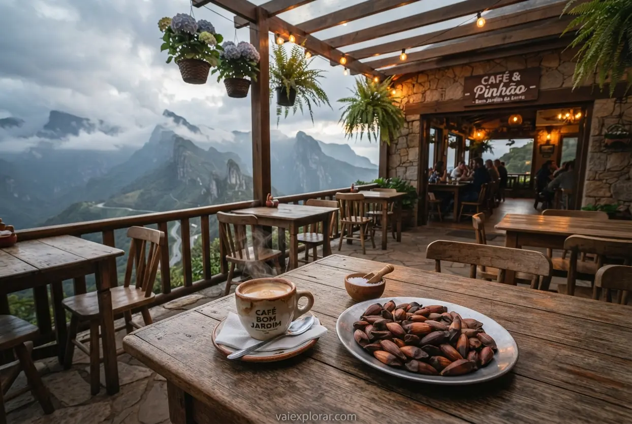 Prato rústico com pinhão cozido quentinho ao lado de café sobre mesa de madeira em um café de montanha.