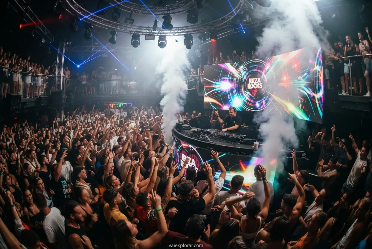 Pista de dança icônica em Ibiza Grande multidão dançando na pista de um clube famoso de Ibiza