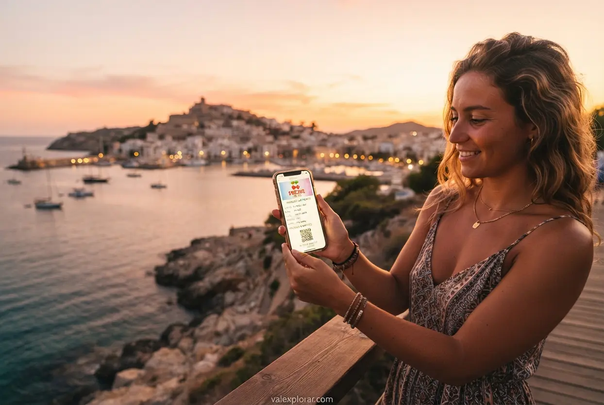 Planejando a viagem para Ibiza Mão segurando smartphone com ingresso digital em um pôr do sol na praia de Ibiza