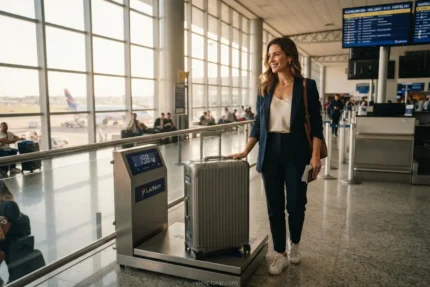 Uma mala sendo pesada no balcão de check-in do aeroporto para ilustrar bagagem despachada regras e pesos