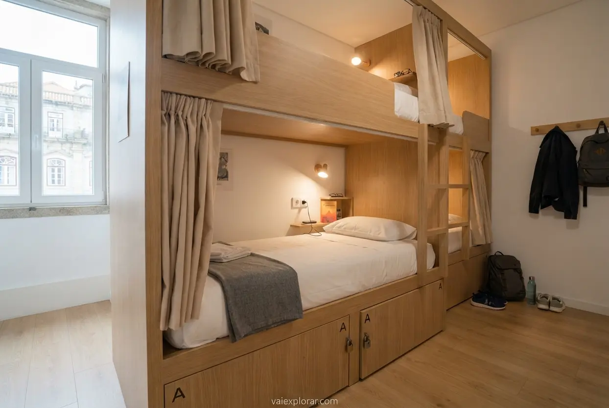 Quarto compartilhado moderno com beliches de madeira em hostel.