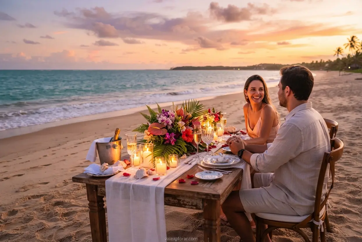 Experiências românticas para casais em Maragogi Mesa romântica montada na praia em Maragogi